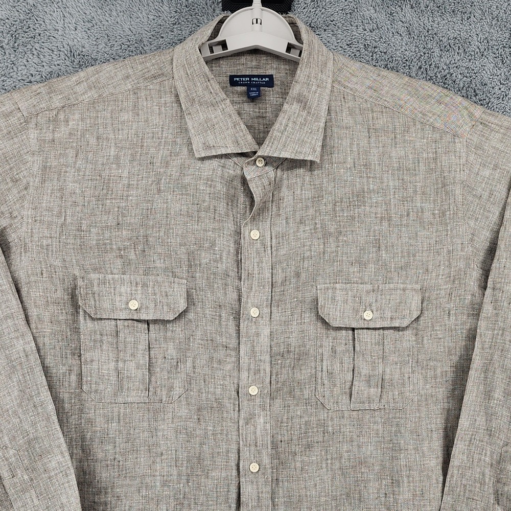 Peter Millar Shirt Mens 2XL Brown Woven Linen Positano Crown Crafted Dual Pocket